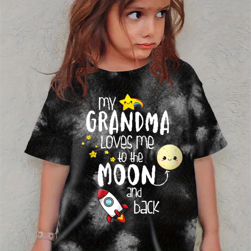 

Girls Letters Print Stars & Moon & Rocket Graphic Crew Neck T-shirt, Casual Loose Short Sleeve Trendy Summer Tee Comfy Top