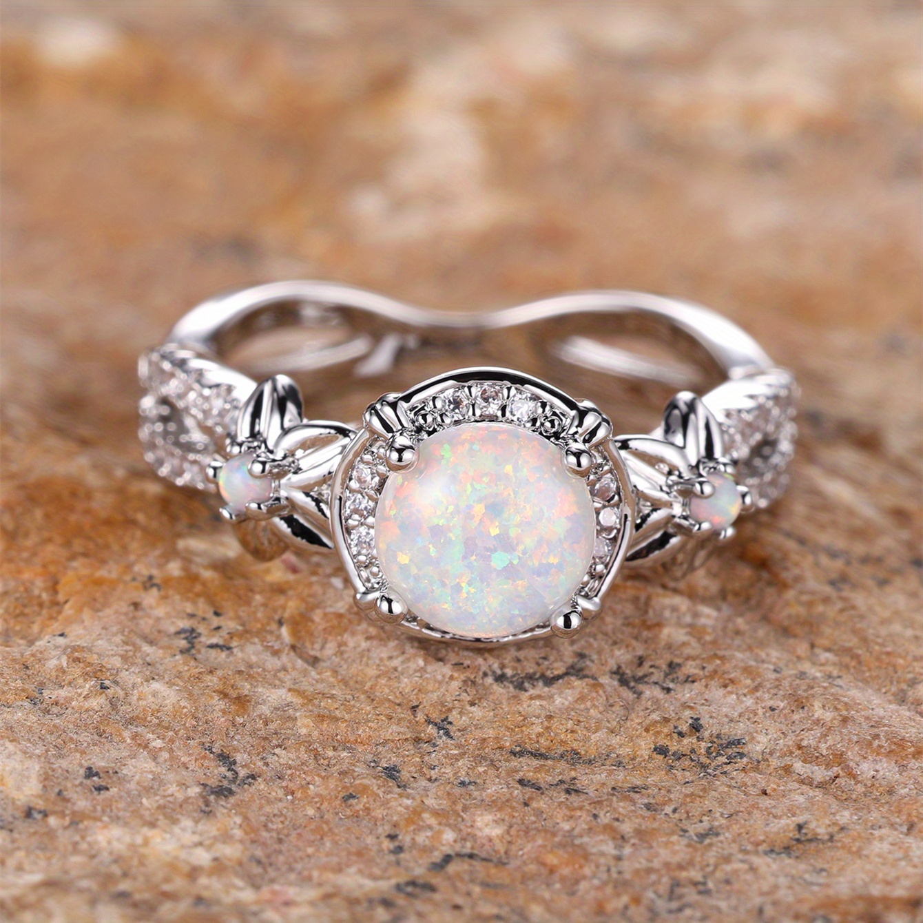 Image of Romantic Vintage Opal Small Flower Ring Bride Wedding Wearing Luxurious High- Ring Banquet Party Bridesmaid Gift Jewelry