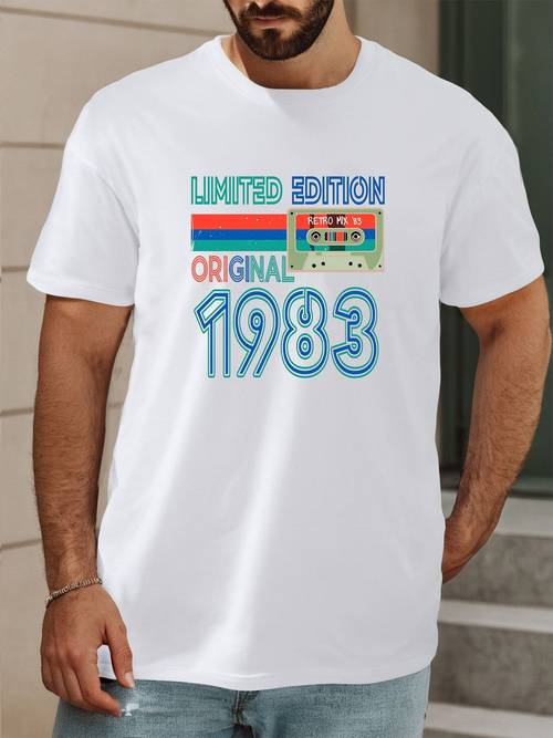 Limited Edition 1983 Print, Men's Round Crew Neck Short Sleeve, Simple Style Tee Fashion Regular Fit T-Shirt, Casual Comfy Breathable Top For Spring Summer Holiday Leisure Vacation Men's Clothing As Gift