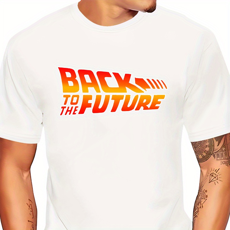 

Back To Future Print, Men's Round Crew Neck Short Sleeve, Simple Style Tee Fashion Regular Fit T-shirt, Casual Comfy Breathable Top For Spring Summer Holiday Leisure Vacation Men's Clothing As Gift