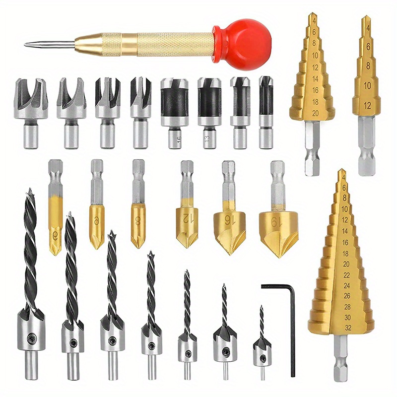 

26-piece Drill Bit Set: Includes Tower Drills, Center Drills, Woodworking Three-point Drills, Five-flute Counterbore Bits, And Wood Plugs - Made Of Stainless Steel