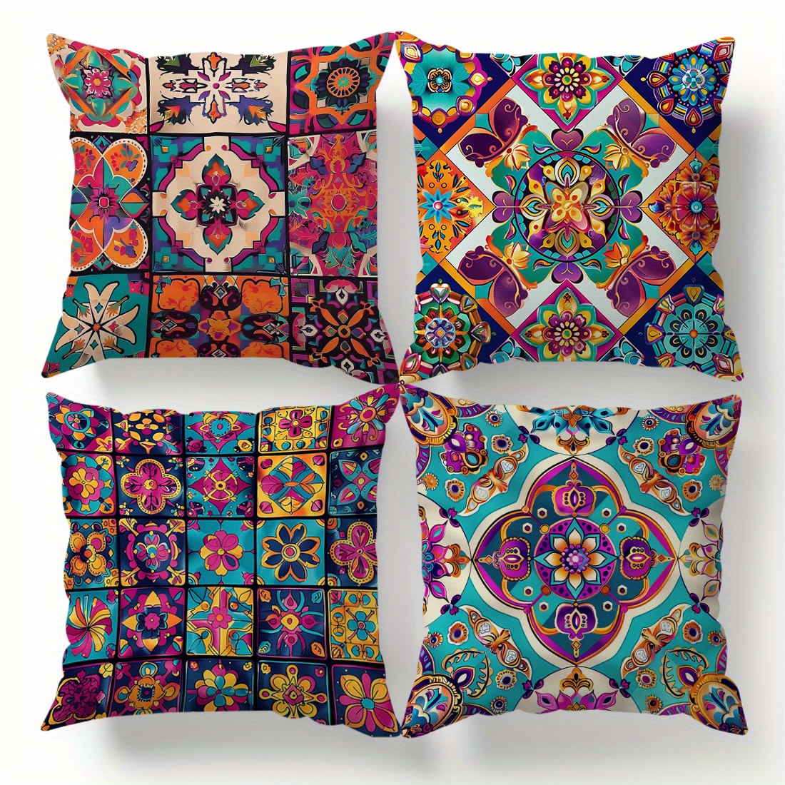 

4pcs Set Mandala Flower Throw Pillow Covers, 18x18 Inch - Soft Velvet, Zip Closure, Machine Washable For Living Room & Bedroom Decor