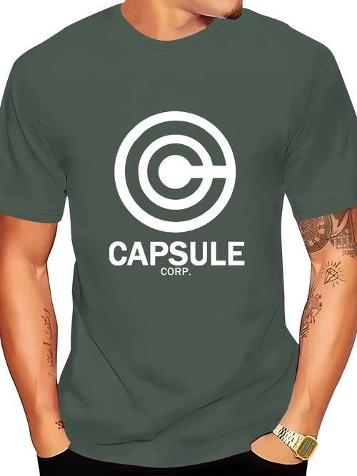 CAPSULE Print, Men's Round Crew Neck Short Sleeve, Simple Style Tee Fashion Regular Fit T-Shirt, Casual Comfy Breathable Top For Spring Summer Holiday Leisure Vacation Men's Clothing As Gift