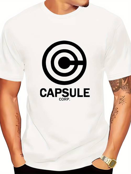 CAPSULE Print, Men's Round Crew Neck Short Sleeve, Simple Style Tee Fashion Regular Fit T-Shirt, Casual Comfy Breathable Top For Spring Summer Holiday Leisure Vacation Men's Clothing As Gift