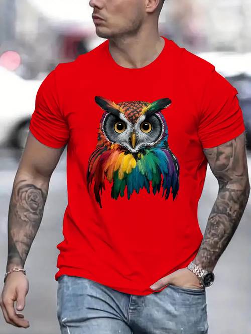 Owl Print, Men's Round Crew Neck Short Sleeve, Simple Style Tee Fashion Regular Fit T-Shirt, Casual Comfy Breathable Top For Spring Summer Holiday Leisure Vacation Men's Clothing As Gift