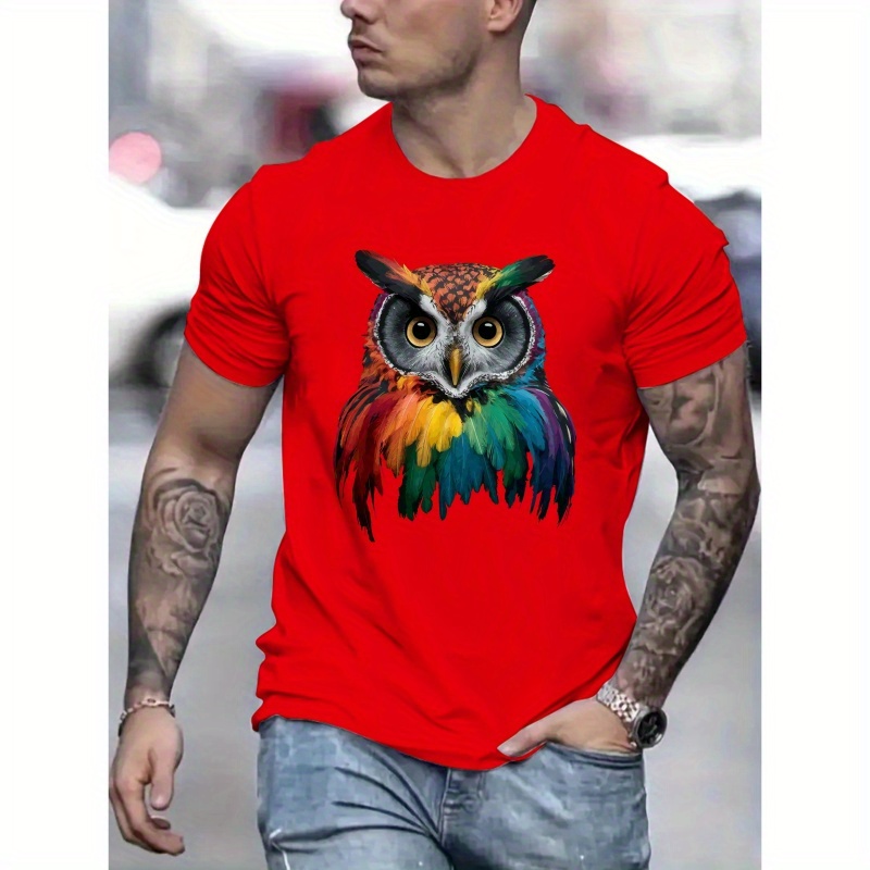 

Owl Print, Men's Round Crew Neck Short Sleeve, Tee Fashion Regular Fit T-shirt, Casual Comfy Breathable Top For Spring Vacation Men's Clothing As Gift