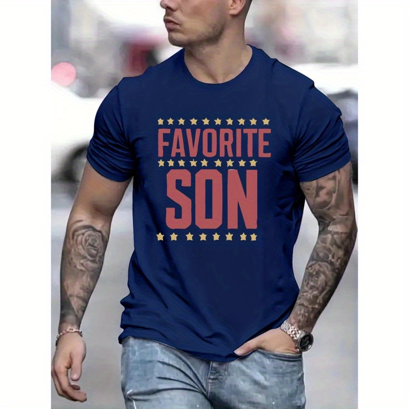 

Favorite Son Print, Men's Round Crew Neck Short Sleeve, Simple Style Tee Fashion Regular Fit T-shirt, Casual Comfy Breathable Top For Spring Summer Holiday Leisure Vacation Men's Clothing As Gift