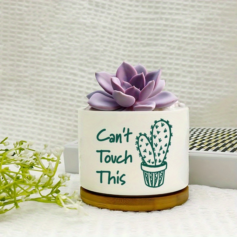 

1pc Ceramic Succulent Cactus Planter Pot With Bamboo Tray, "can't Touch This" White Mini Office Garden Home Decor, Fun Gift For Teacher, Mom, Grandma, Plant Enthusiast (plant Not Included)