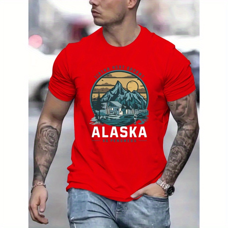

Alaska Print, Men's Round Crew Neck Short Sleeve, Simple Style Tee Fashion Regular Fit T-shirt, Casual Comfy Breathable Top For Spring Summer Holiday Leisure Vacation Men's Clothing As Gift