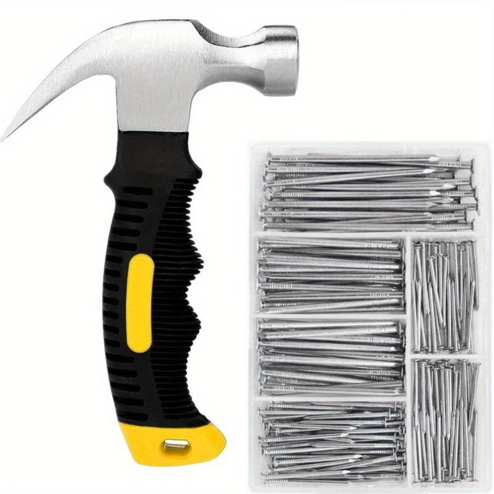 

350 Small Nails In 5 Sizes For Hanging Pictures, Hardware Nail Set For Wood Wall Repairs Hammer Set