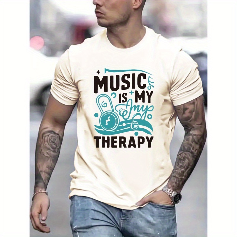 

My Therapy Print, Men's Round Crew Neck Short Sleeve, Tee Fashion Regular Fit T-shirt, Casual Comfy Breathable Top For Spring Vacation Men's Clothing As Gift