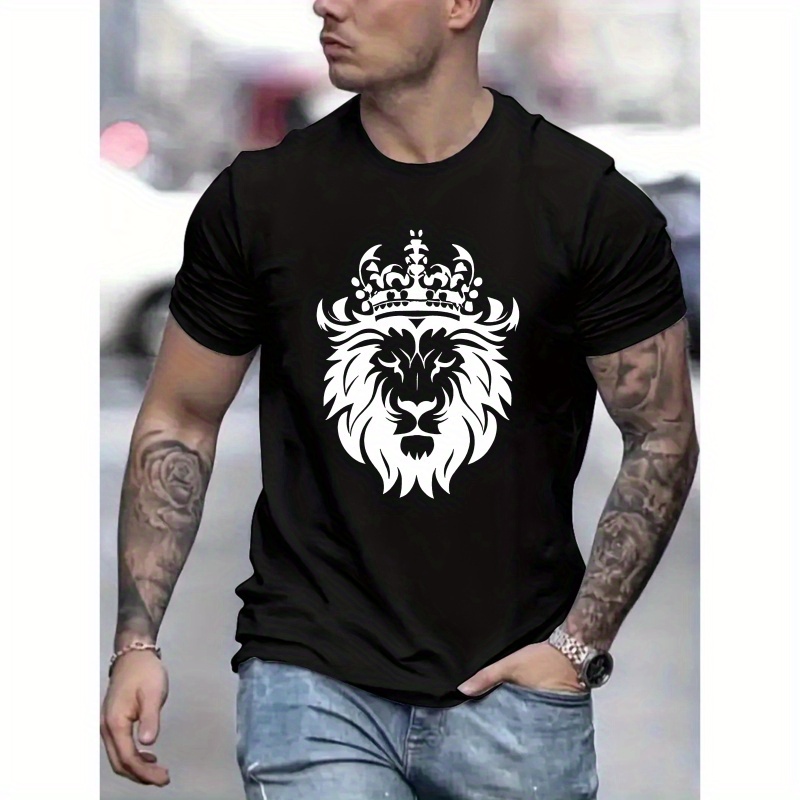 

Lion Print, Men's Round Crew Neck Short Sleeve, Simple Style Tee Fashion Regular Fit T-shirt, Casual Comfy Breathable Top For Spring Summer Holiday Leisure Vacation Men's Clothing As Gift