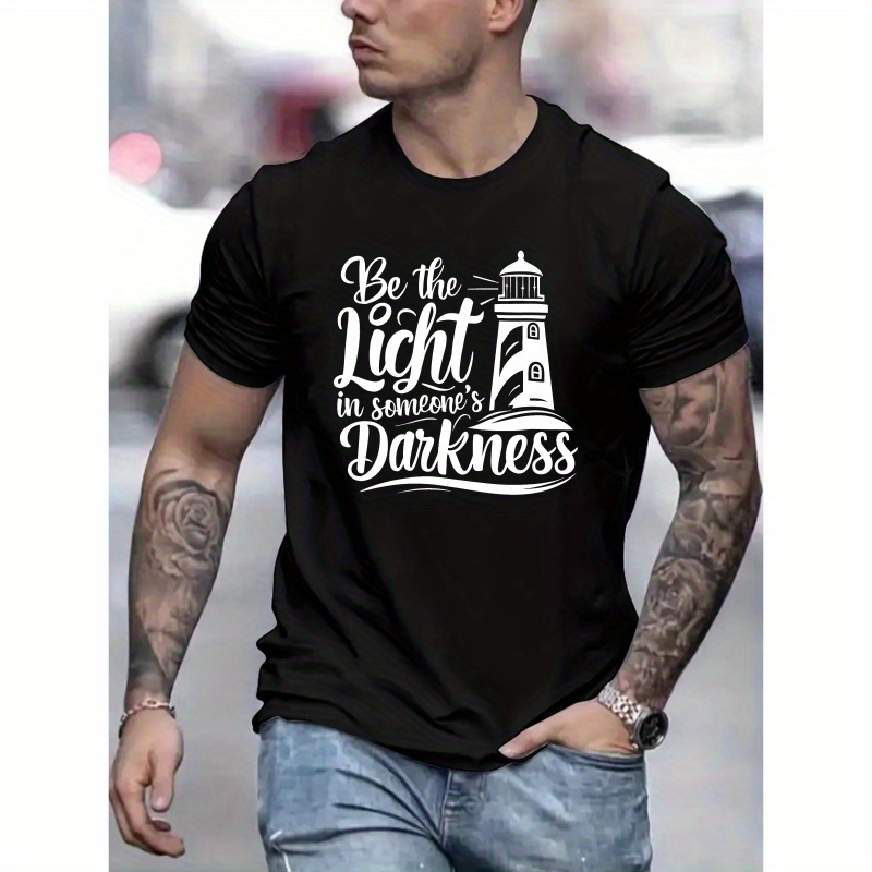 

Lighthouse Print, Men's Round Crew Neck Short Sleeve, Simple Style Tee Fashion Regular Fit T-shirt, Casual Comfy Breathable Top For Spring Summer Holiday Leisure Vacation Men's Clothing As Gift