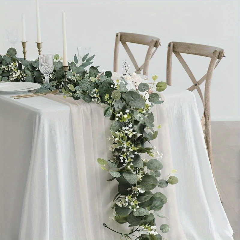 

1pc/4pcs, Eucalyptus Garland With White Flowers 5.9ft/180cm Silver Dollar Eucalyptus Leaves Gypsophila Garland Artificial Greenery Vines For Wedding Party Mantle Table Runner Home Decor Offices Decor