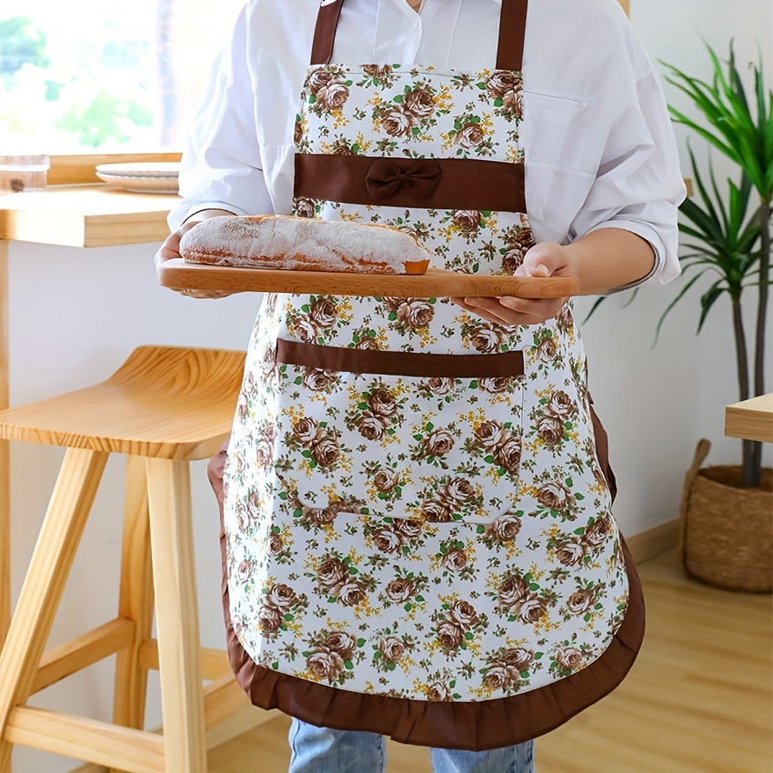 

Floral Polyester Apron With Pockets, Ruffle Trim And Adjustable Neck Strap, Oil & Stain Resistant For Cooking, Gardening, Baking, Painting - 1pc