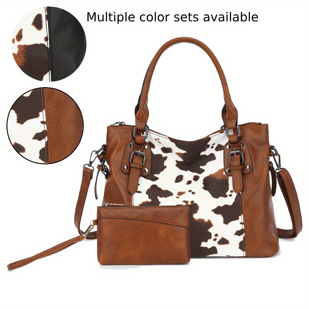 

Women's 2-piece Tote Handbag Set, Classic Cowhide Pattern, Multi-capacity With Multiple Pockets, Vintage Style Pu Material, Casual Or Business, Day And Christmas Gift