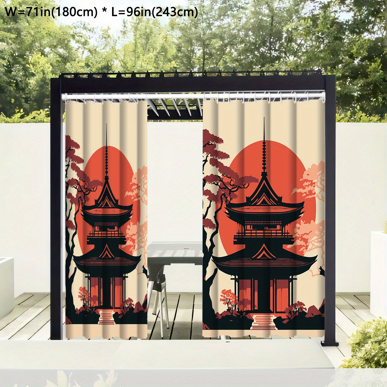 

1pc Japanese Pagoda Pattern Outdoor Curtain, Waterproof Garden Drapes For Gazebo, Porch, Patio, Asian Style Decor