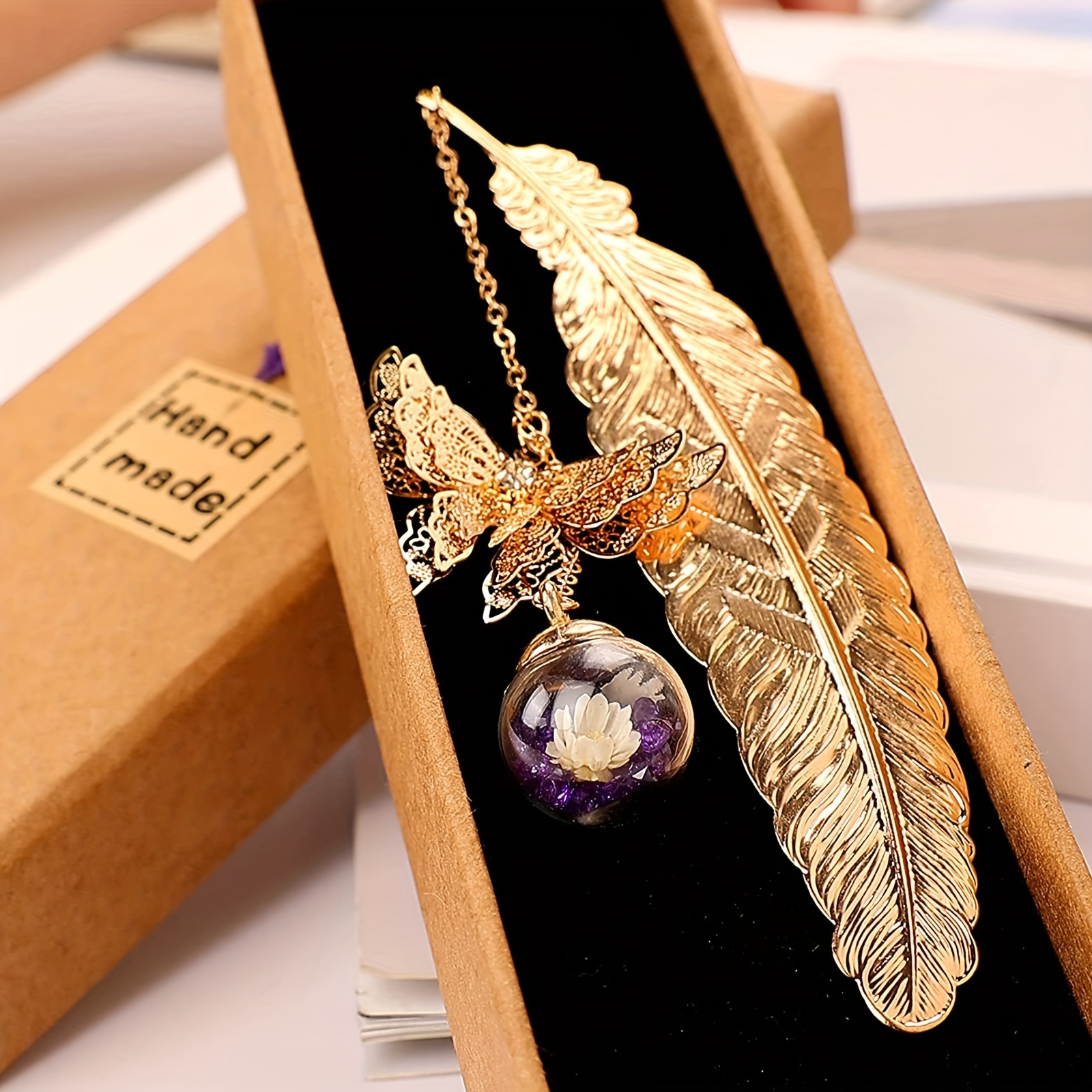 

Golden Metal Feather Bookmark With 3d Multicolor Butterfly Charm - Handmade, Durable Other Metal Materials, Perfect For Book Lovers, Home Decor - 1pc