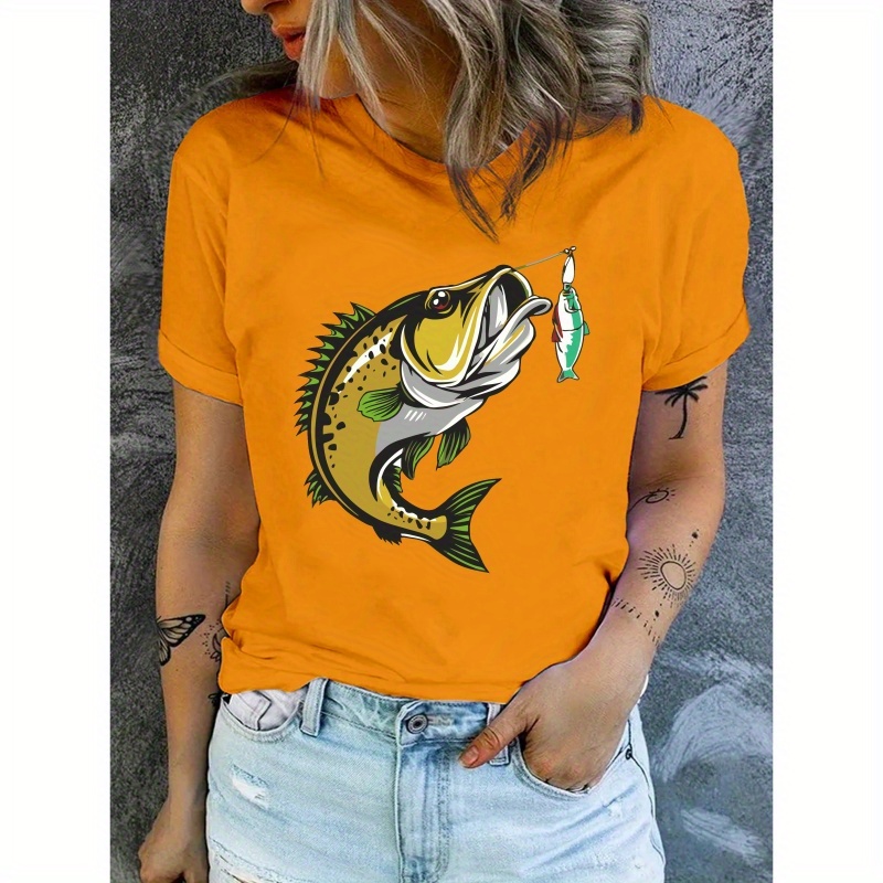 

Fish Print Crew Neck T-shirt, Short Sleeve Casual Top For Summer & Spring, Women's Clothing