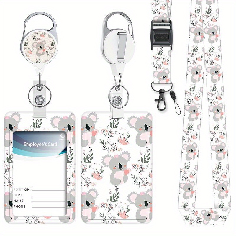 TEMU 2d Cartoon Koala Floral Id Badge Holder With Detachable Lanyard, Fashionable Women's Id Badge Lanyard, Cute Badge Scroll Retractable, Id Card
