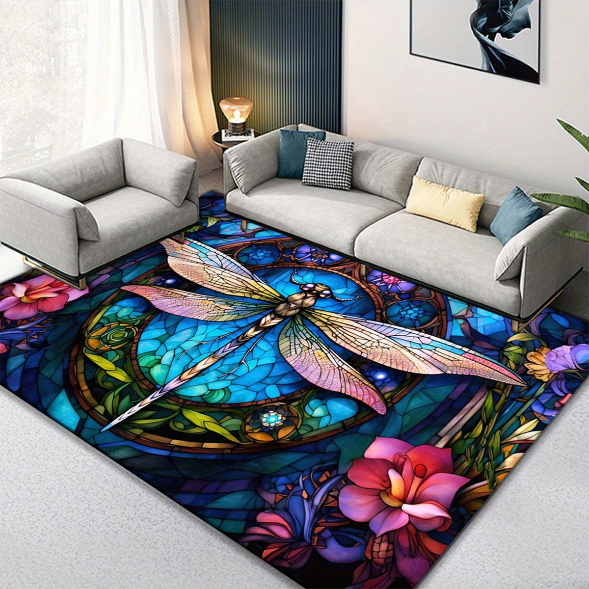 

Elegant Dragonfly Pattern Area Rug - Non-slip, Hand Washable Polyester Mat For Living Room & Bedroom Decor