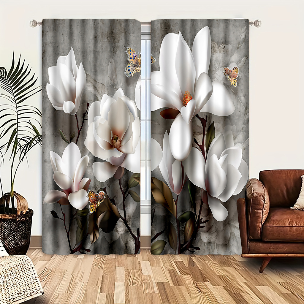 E-shop 2er-Set Magnolienblüten-Druck Türvorhänge - Eleganter Satin-Polyester mit Bindeband, Waschbar & Stilvoll für Schlafzimmer, Wohnzimmer, Küche und
