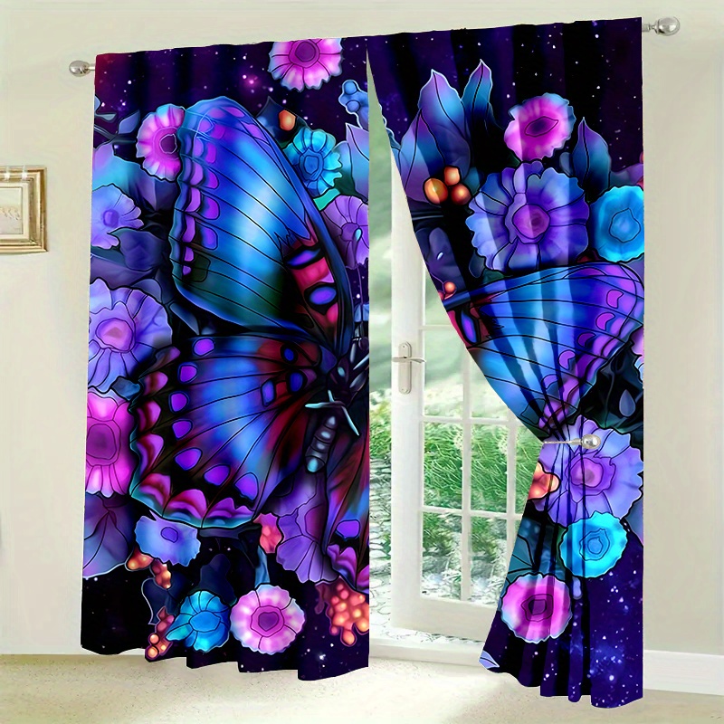 

2pcs Black Background Curtains Set, Purple Butterfly Pattern Door Curtains, Uv Protection & Thermal Insulated, Room Decor, Home Decor