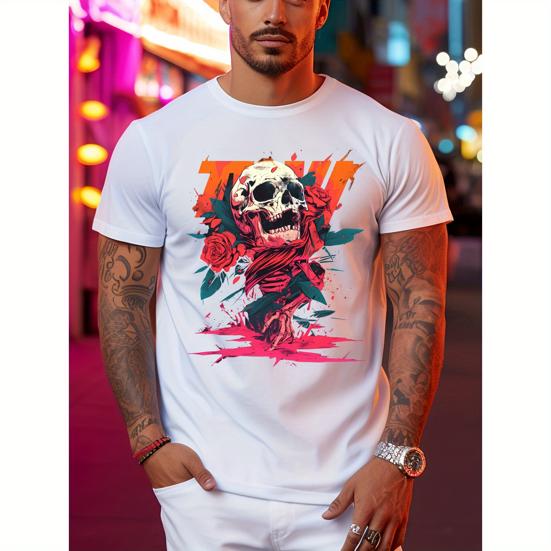 

Skull And Flowers Print Men's Fashionable Summer Short Sleeve Sports Crew Neck T-shirt, Comfy Trendy Tee, Comfortable And Versatile