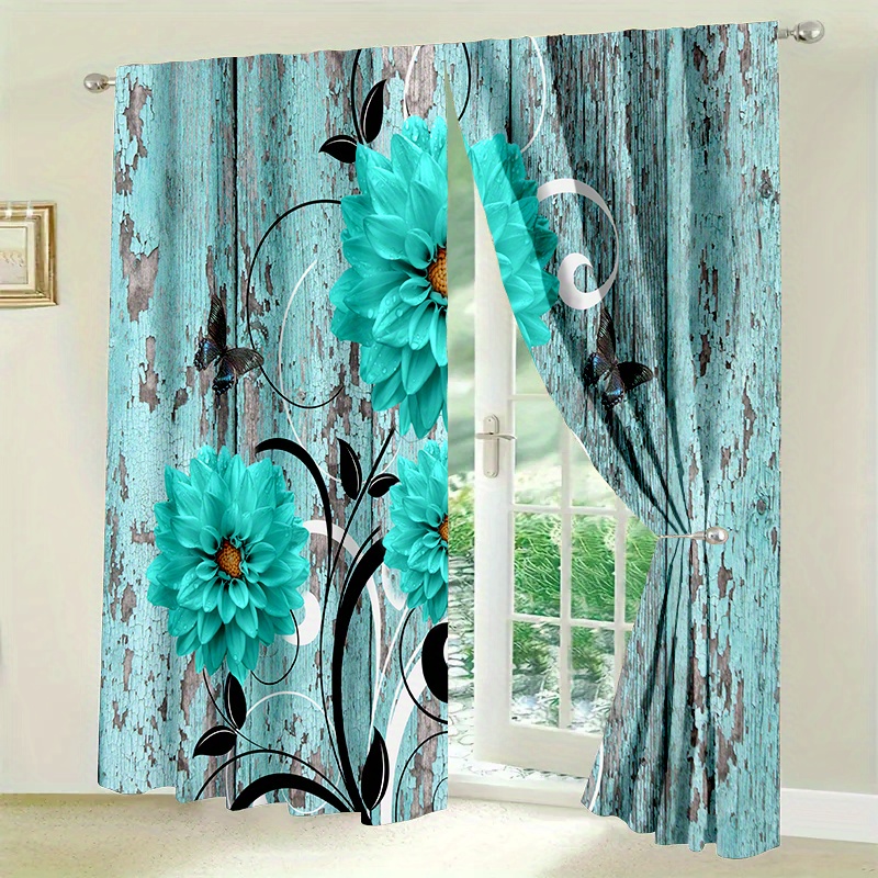 

2pcs Rustic Blue Wooden Board Floral Art Blackout Curtains, Decorative Flower Drapes For Home Decor