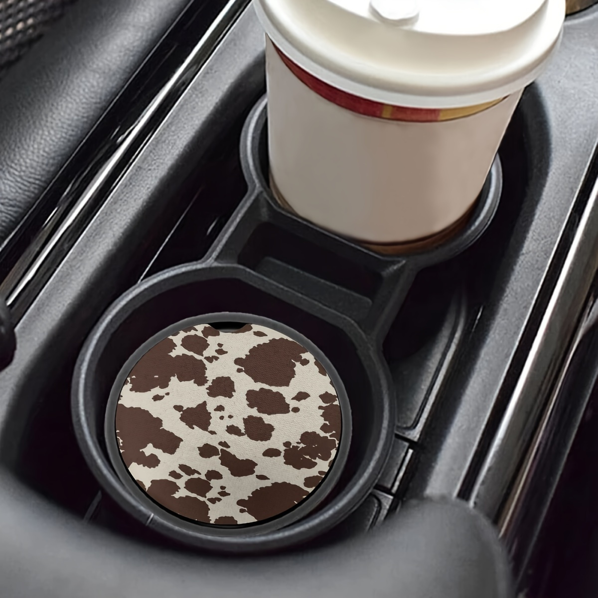 Image of 2pcs Set Of 2 Pattern Car Coasters - Absorbent Beverage Coasters With Finger Notches For Car Interior Protection