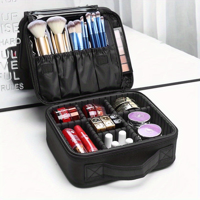 

Large Capacity Travel Makeup Bag For Women, 1pc Waterproof Nylon Cosmetic Case With Adjustable Dividers, Soft Handle, Side Pocket, And Pvc Laminating - Professional Beauty Brush Organizer Bag