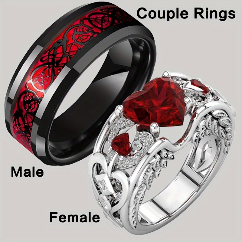 

2pcs Fashion Couple Ring, Engagement Ring, Men And Women Wedding Heart Ring