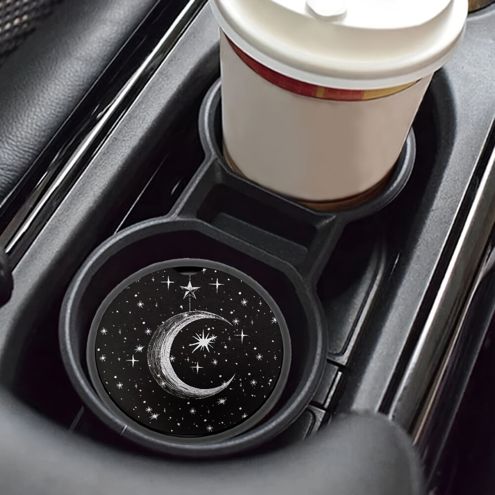 2pcs Star Moon Starry Night Absorbent Car Coasters Cup Holders With Finger Grooved Mouth For For Women Men Car Interior Additions