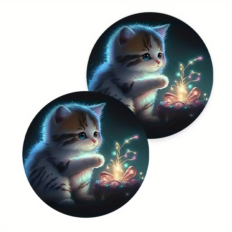 Set Of 2 Adorable Cat Car Coasters, Circular Drink Coasters For Desk, Car Interior Decor And Gift Ideas