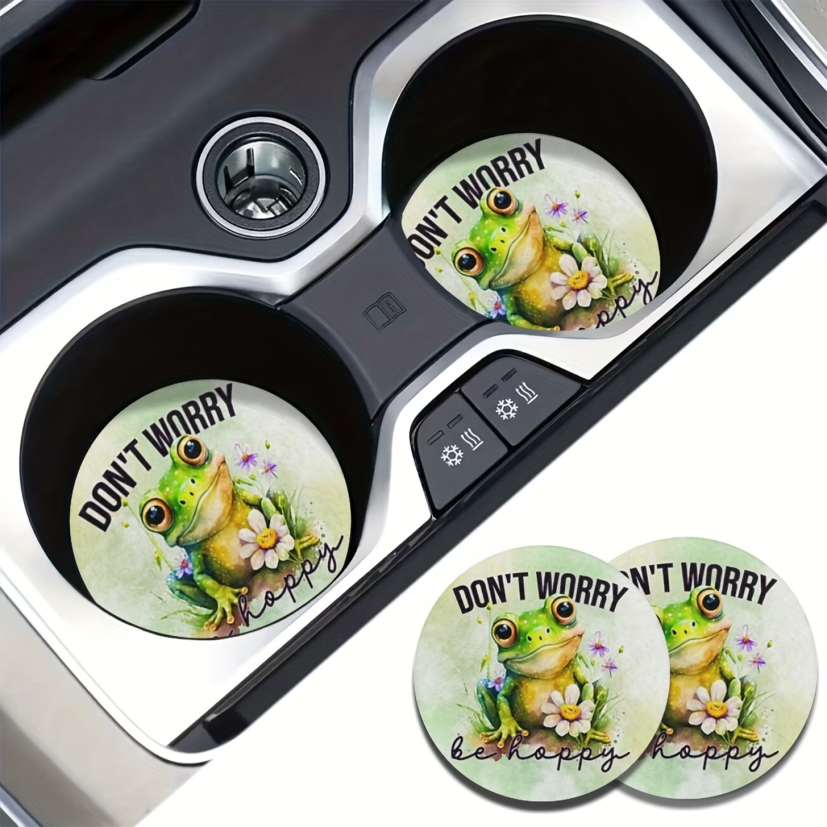 

2pcs Cute Frog Pattern Absorbent Car Cup Holder Coaster Mats - Car Interior Accessories, Water Cup Coasters For Car Vehicles & Home Desk