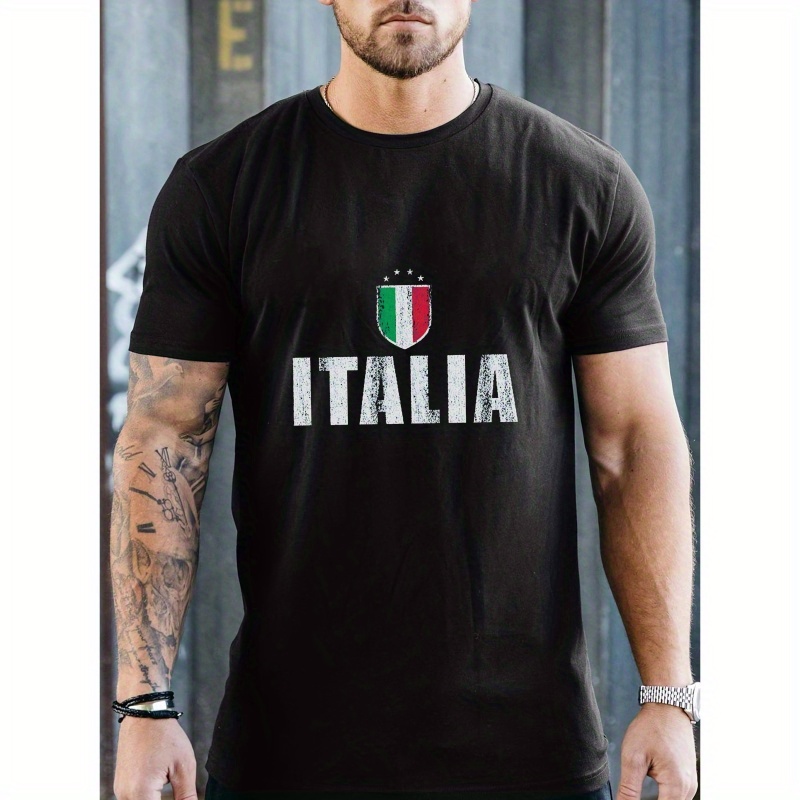 

Italia Print Short Sleeve Men's T-shirt, Casual Summer Tops For Men Outdoor Gift, Men's Clothes