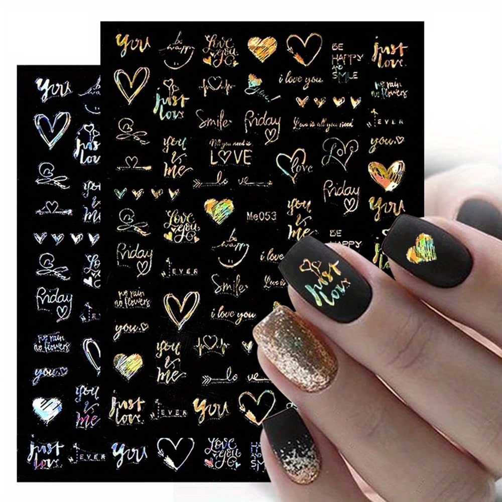 

6 Sheets Valentine's Day Nail Stickers - 3d Resin Self-adhesive Heart & Letters Nail Decals, Glitter Love Theme Manicure Embellishments, Glossy Finish, Plastic Surface Nail Art For Diy Decoration