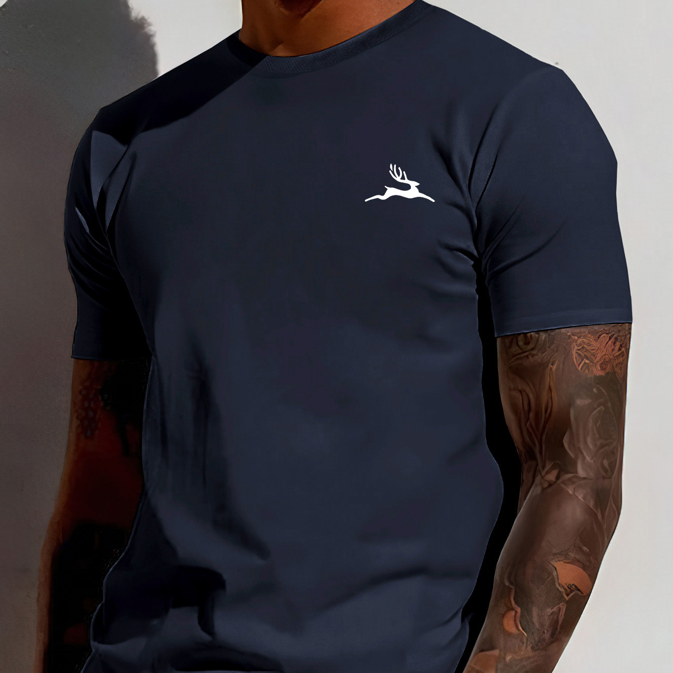 

Elk Print Navy Blue Tee Shirt, Tees For Men, Simple Casual Short Sleeve T-shirt For Summer