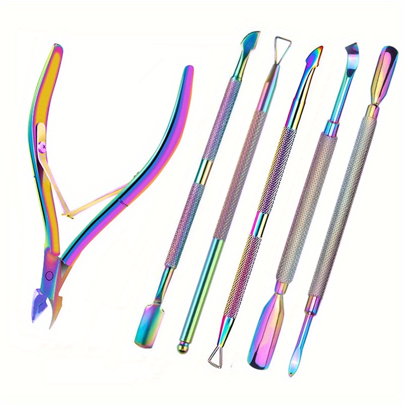 

Nail Care Kit, Stainless Steel Cuticle Nippers, Dual-ended Cuticle Pusher, Dead Skin Remover, Manicure Tools Set With Sharp Jaw And Elastic Double-spring Design, Rainbow Titanium Finish