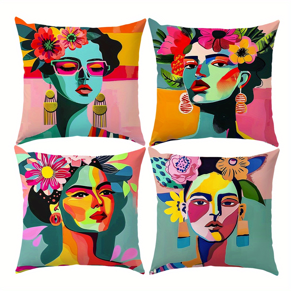 

4 housses de coussin à imprimé abstrait de style contemporain, motif femme, recto simple, en velours peau de pêche, 45 x 45 cm, taies d'oreiller décoratives pour la maison