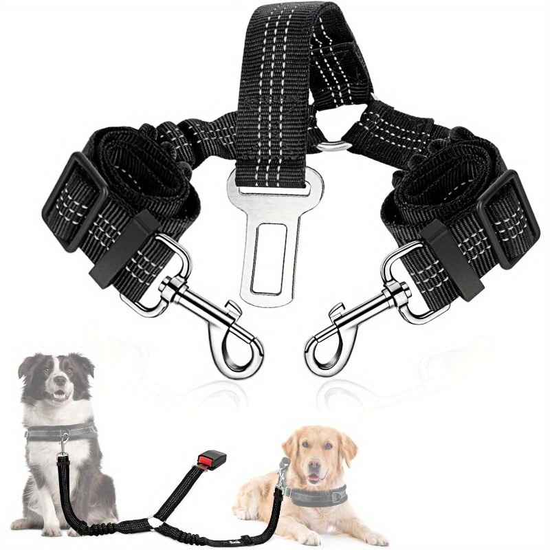 

Reflective Dual Dog Car Seatbelt - Adjustable Safety Harness For 2 Pets, Elastic Bungee Lead Splitter With Stripe Design, Machine Washable Nylon - Perfect For Travel
