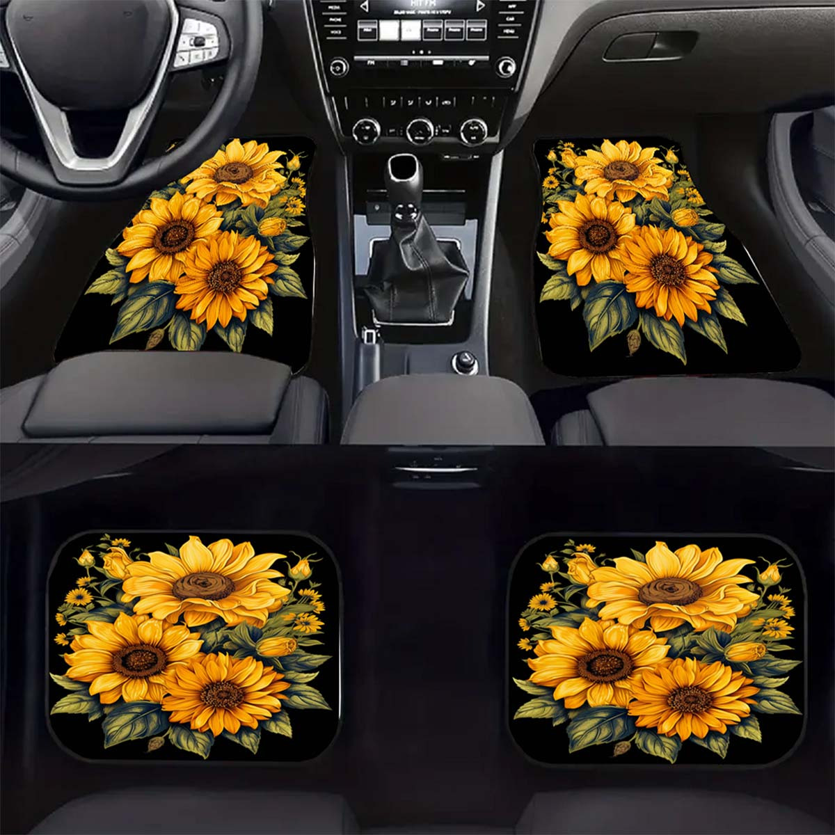 

Sunflower Car Floor Mats Set, Universal Fit, Polyester Water-absorbent, Non-slip, Stain-resistant, Car Interior Protection Decoration, For Front And Rear Seats - 1/2/4pcs