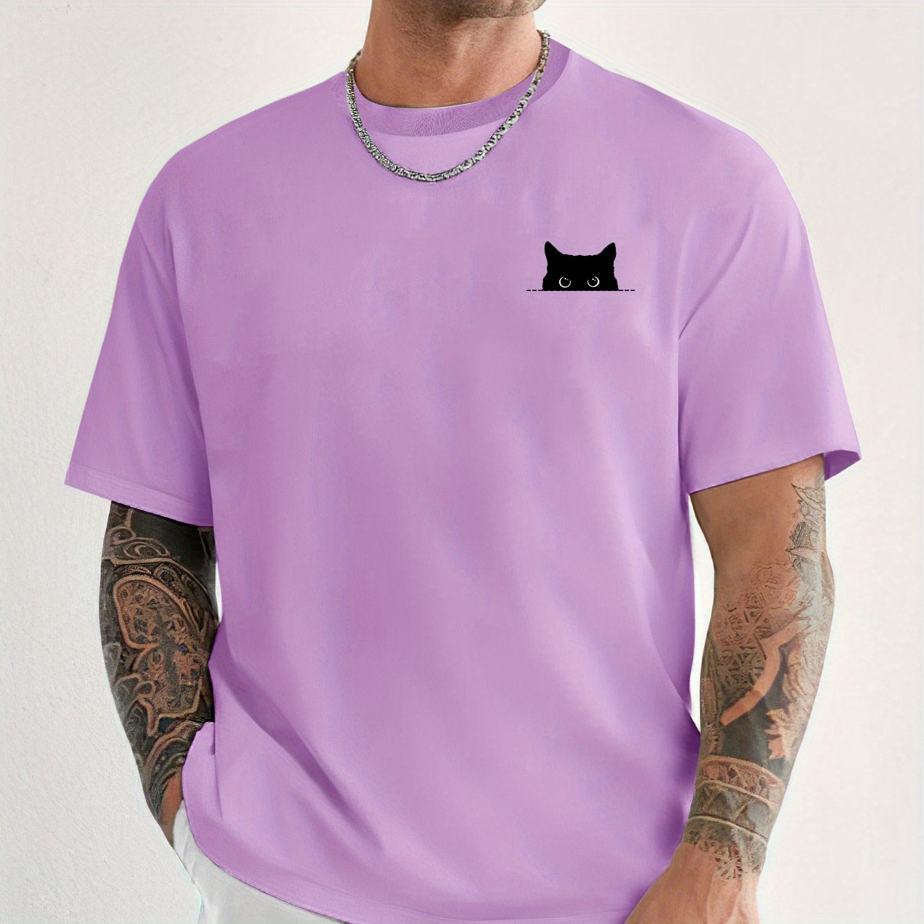

Black Cat Print Purple Tee Shirt, Tees For Men, Casual Short Sleeve T-shirt For Summer