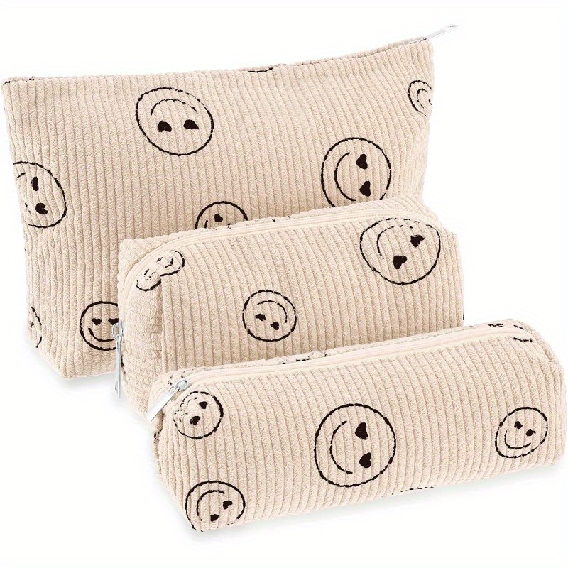 

3pcs Makeup Bag Corduroy Cosmetic Bag Aesthetic Cute Preppy Makeup Bags For Women Smile Small Makeup Travel Toiletry Bag Set Makeup Organizer With Zipper