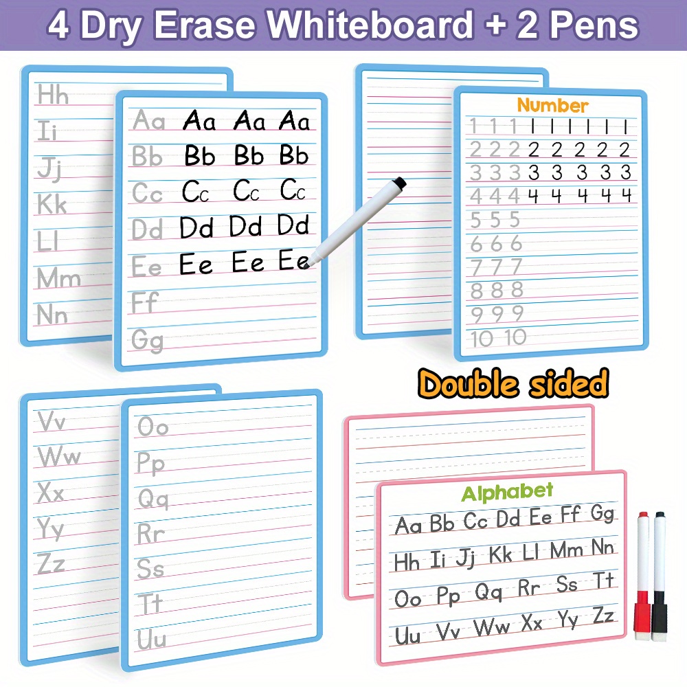 

4pcs 8-sided Abc Alphabet Letter Math Numbers Handwriting White Boards, Letters Practice Boards, Dry Erase Write And Wipe Board, Classroom Must Haves Learning Educational Tools