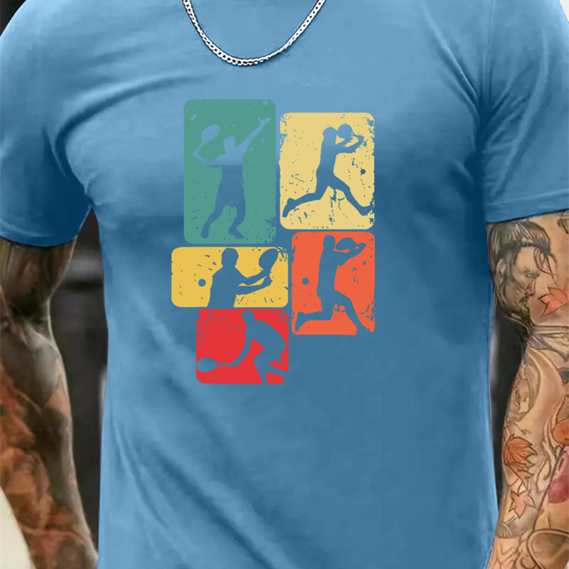 

T-shirt à manches courtes et col rond à imprimé graphique sur le thème du tennis pour homme, T-shirt décontracté d'été pour les tenues quotidiennes et les lieux de vacances