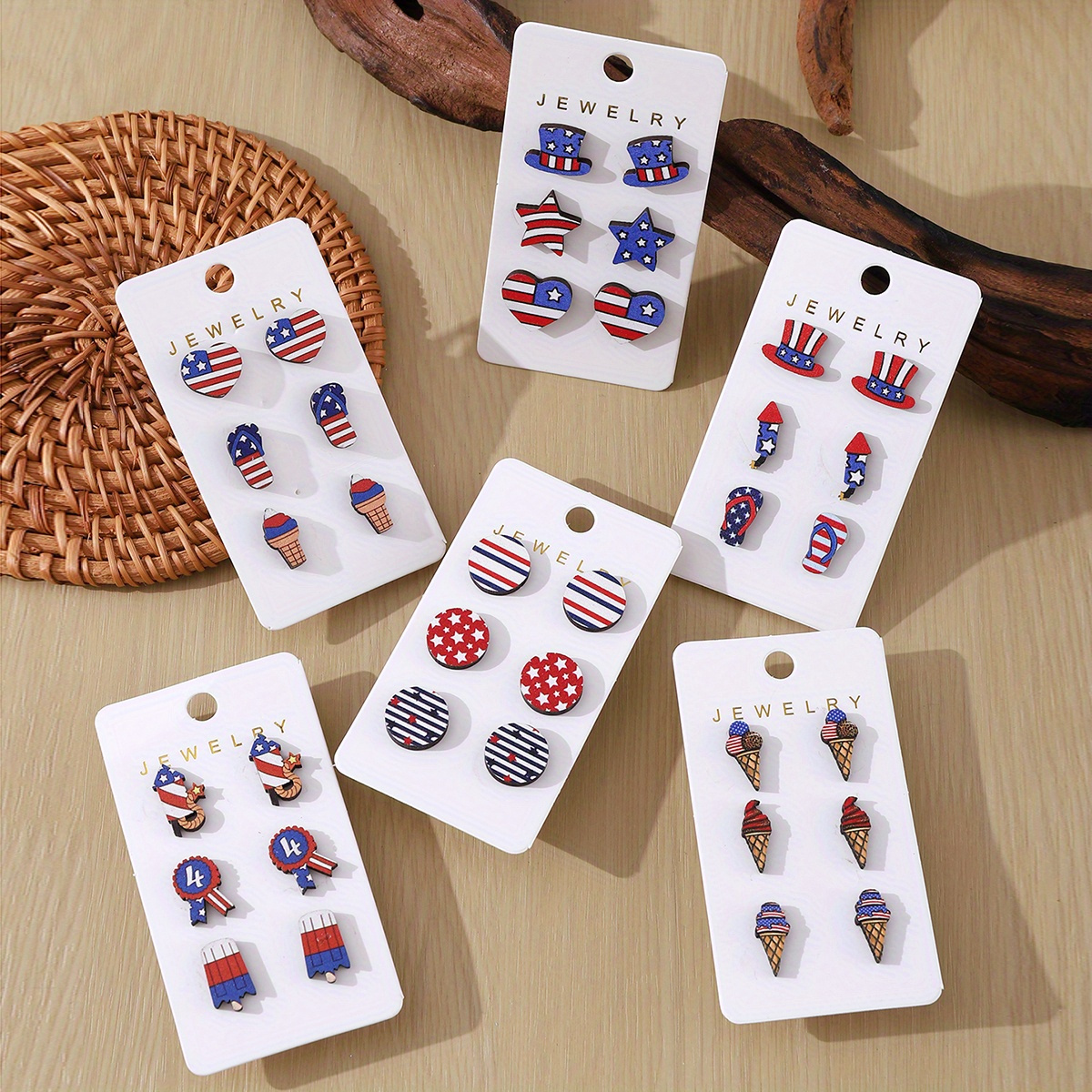 

18 Pair Set, Independence Day Studs Earrings, Women's Wooden Vintage Double-sided Jewelry, Patriotic Gift For July 4th Memorial Day, Retro Cute Style