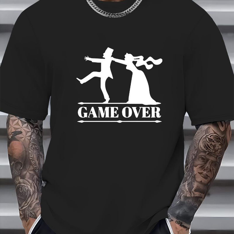 

game Over" Print Men's Casual Crew Neck T-shirt, Fashionable Short Sleeve Versatile Tees, Comfort Fit Top, Leisurewear, Outdoor Sports Clothing