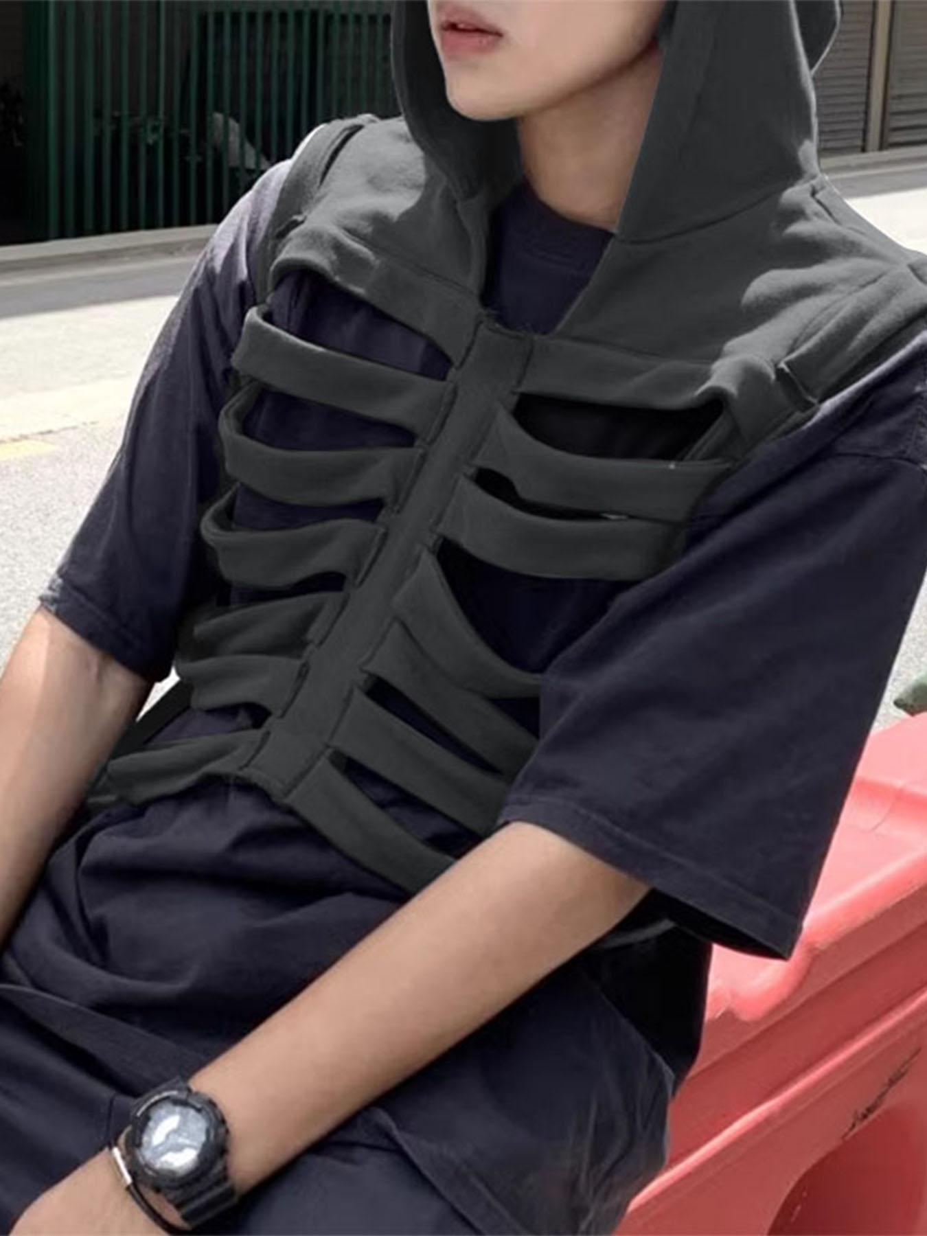 Men's Hollow Out Skull Design Hooded Vest, Men's Punk Style Top, Sleeveless Solid Color Street Style Tank Top For Summer