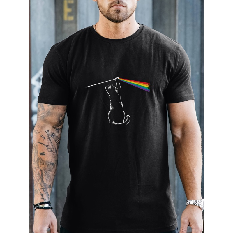 

Cat And Rainbow Color Light Print Tee Shirt, Tees For Men, Casual Short Sleeve T-shirt For Summer